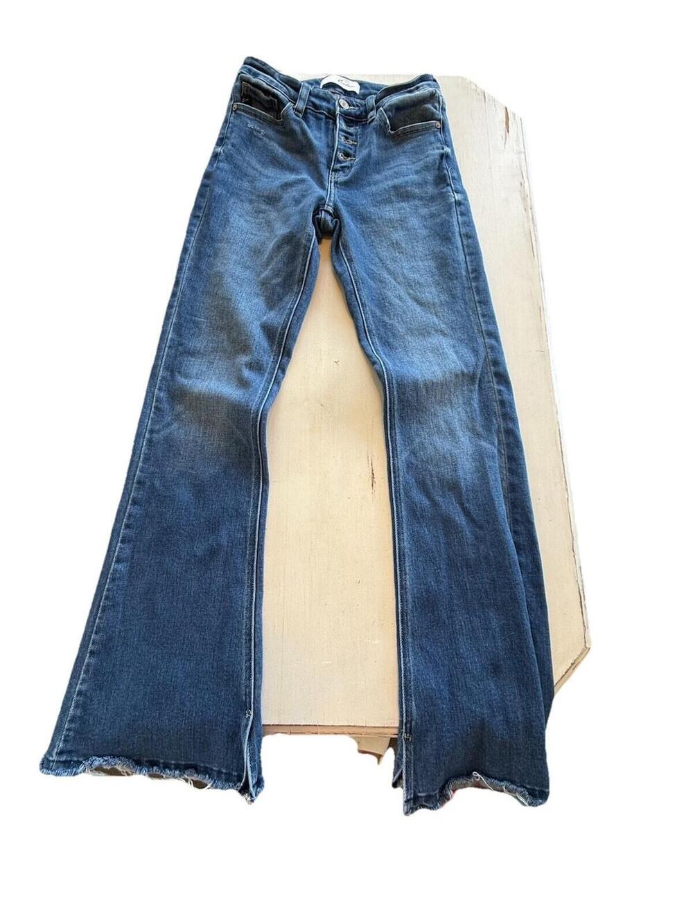 KanCan y2k Womens Flare High Rise Button Fly Jeans Dark Wash Raw Hem Size 26